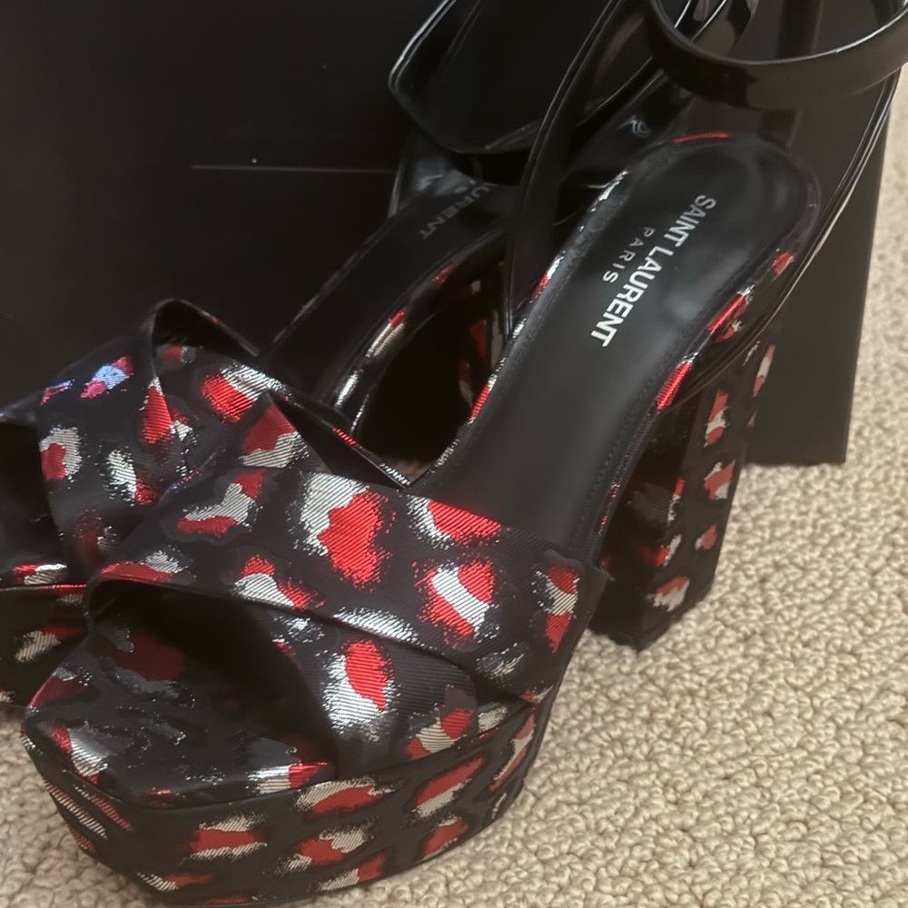 Saint Laurent Black and Red Patterned Platform Heels - Picture 4 of 11